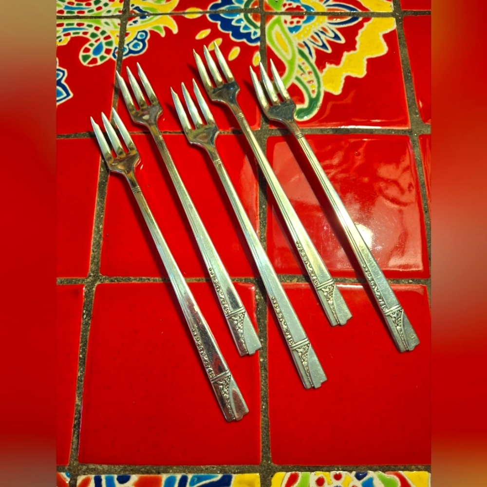 Silverplate Cocktail Forks "Caprice" 1937 Art Deco 5 Nobility Silvrplt Vintage